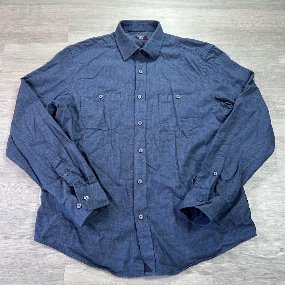 UNTUCKit Hemsworth Blue Shirt Mens Medium Blue Herringbone Long Sleeve Button Up